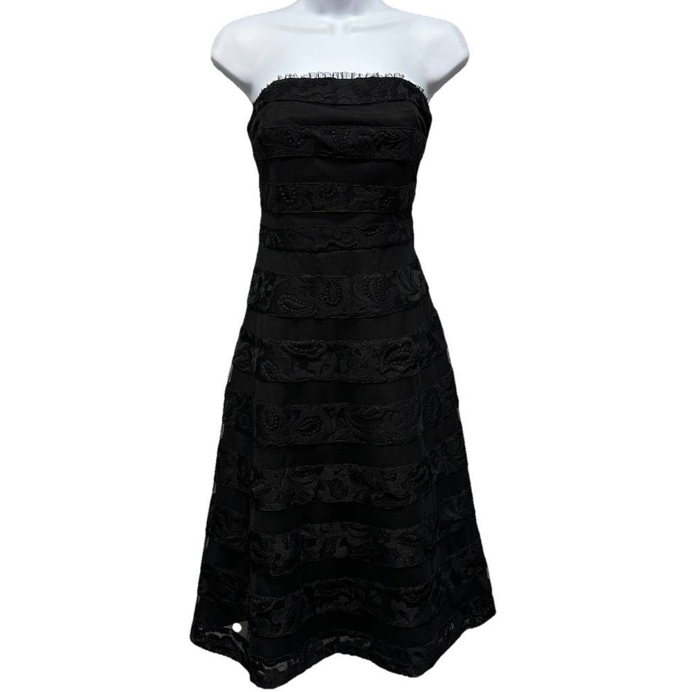 WhiteHouse Black Market Strapless Evening Dress 2 Black Embroidered Mesh Zip NWT